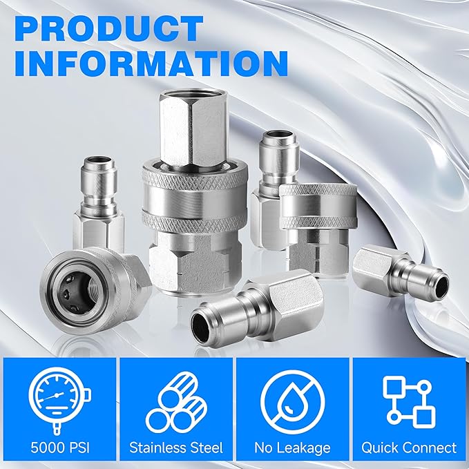 3/8 Inch NPT Pressure Washer Adapter Set, 12-Piece Stainless Steel Internal Thread Quick Connector Kit - 3/8" NPT Female Thread Quick Connect Hose Fittings, 5000 PSI