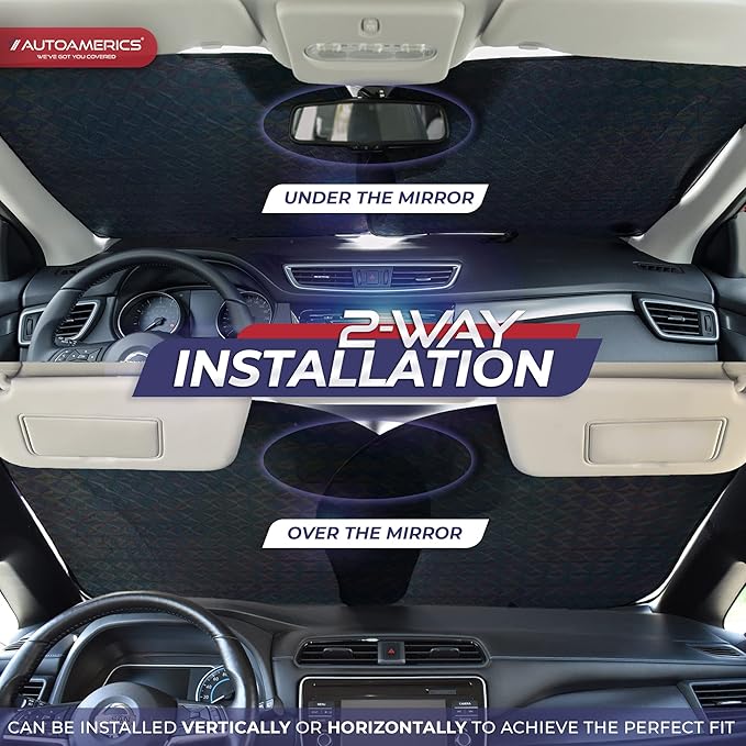 Autoamerics 2-Piece Windshield Sun Shade - Holographic Foldable Car Front Window Sunshade for Most Cars SUV Truck - Heat Blocker Visor Protector Blocks Max UV Rays and Keeps Your Vehicle Cool - Medium