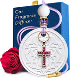 Luxury Car Air Freshener for Women - Refillable & Portable Essential Oil Fragrance Diffuser - Cute Car Accessories & Interior Decor - Mirror Hanging or Vent Clips - Rubies Cross Charm, Rose Scent