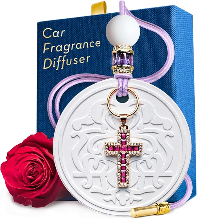 Luxury Car Air Freshener for Women - Refillable & Portable Essential Oil Fragrance Diffuser - Cute Car Accessories & Interior Decor - Mirror Hanging or Vent Clips - Rubies Cross Charm, Rose Scent