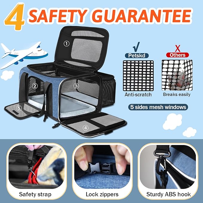 Petskd Top and Side Expandable Pet Carrier with Wheels 17x11x9.5 Inches Alaska Airline Approved, Soft-Sided Carrier for Small Cats and Dogs with Locking Safety Zippers and Anti-Scratch Mesh(Blue)
