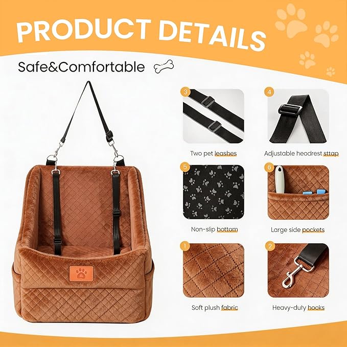 Dog Car Seat for Medium Dogs – Premium Pet Booster Seat with Two Pet Safety Belts, Detachable Washable Cover Non-Slip Base, Portable Dog Travel Seat for Road Trips & Daily Errands Up to 35lbs