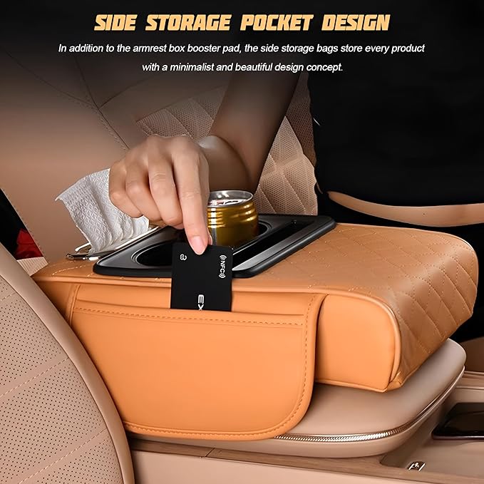 Car Center Console Armrest Pillow, Memory Foam Leather 4 in 1 Vehicle Arm Rest Cover with Tissue Box 2 Side Storage Bag Cup & Phone Holder, Auto Armrest Cushion, Universal Fit (Wine Red)