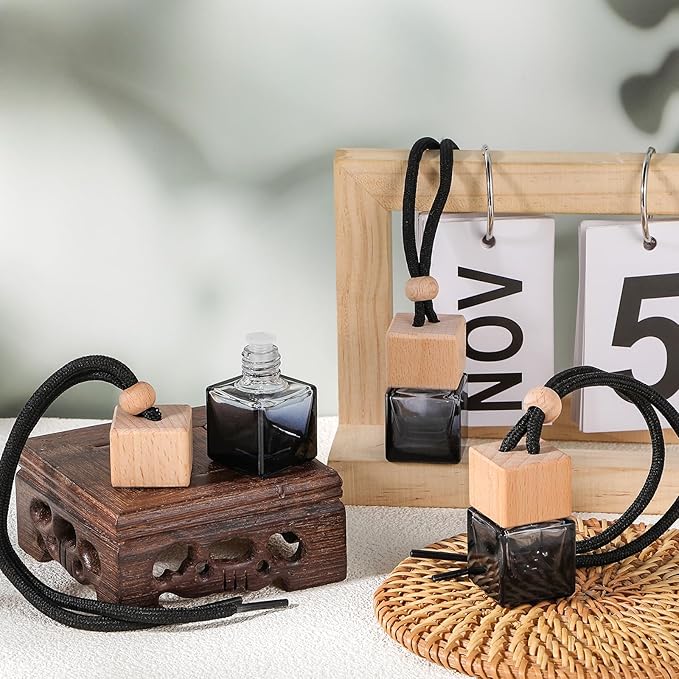 50 Pcs Hanging Car Air Freshener Car Diffuser Empty Glass Perfume Bottle Freshener Diffuser Pendant for Essential Oil Fragrance Aromatherapy Ornament (Black,Cube)