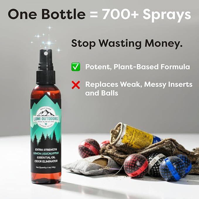 Lumi Outdoors Natural Shoe Deodorizer Spray (700+ Sprays) - Extra Strength Shoe Odor Eliminator for Smelly Shoes & Foot Odor - Replaces Shoe Balls & Inserts - Eucalyptus Lemongrass