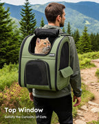 Pecute Expandable Cat Backpack Carrier, Backpack for Cats & Small Dogs Up to 11lbs, with 4-Side Breathable Mesh, Multi-Entry & Lockable Zippers for Travel, Hiking, Camping - Hands Free, Green