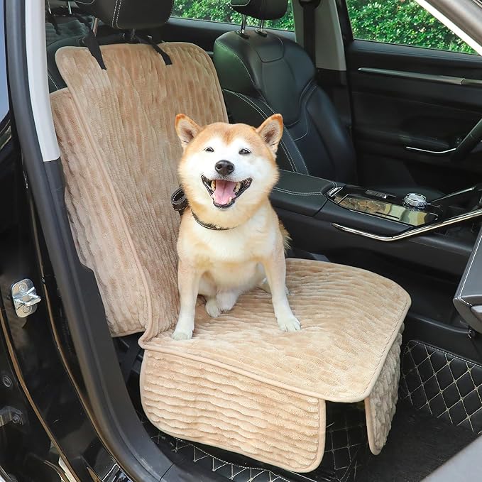 Dog Car Seat Cover for Front or Back Seat, Soft Flannel Pet Car Seat Protector with Waterproof Layer, Non-Slip Washable Dog Car Bed Mat for Travel (LightCoffee Front)