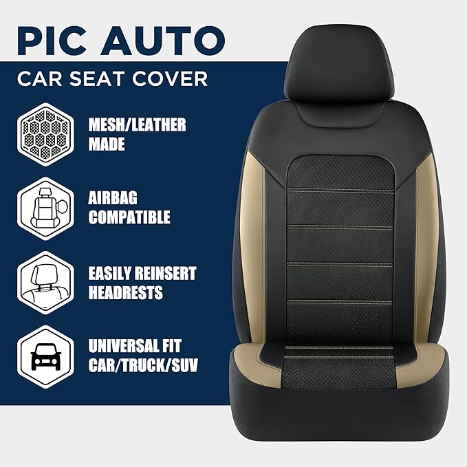 PIC AUTO Car Seat Covers, Premium Leather and Air Mesh Automotive Sports Seat Covers, Two Front Set, Airbag Compatible Universal Fits Most Cars, SUVs, Trucks and Vans (Black & Beige)