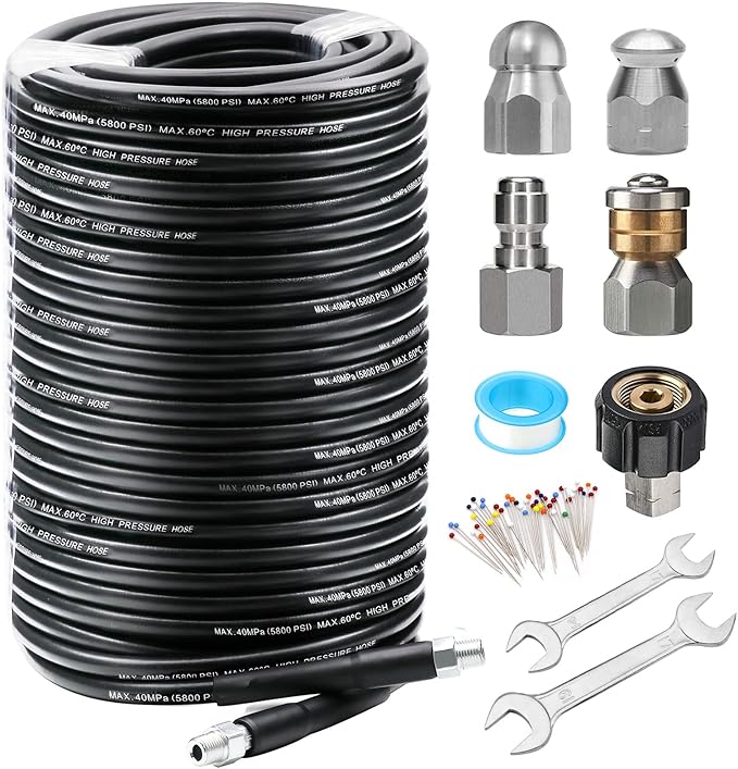 West Bay 200FT Sewer Jetter Kit for Pressure Washer, 5800PSI Drain Cleaner Hose 1/4 Inch NPT, Corner, Rotating and Button Nose Sewer Jetting Nozzle Waterproof Tape Pearl Corsage Pin with 2Pcs Spanner