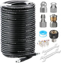 West Bay 200FT Sewer Jetter Kit for Pressure Washer, 5800PSI Drain Cleaner Hose 1/4 Inch NPT, Corner, Rotating and Button Nose Sewer Jetting Nozzle Waterproof Tape Pearl Corsage Pin with 2Pcs Spanner