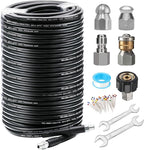 West Bay 200FT Sewer Jetter Kit for Pressure Washer, 5800PSI Drain Cleaner Hose 1/4 Inch NPT, Corner, Rotating and Button Nose Sewer Jetting Nozzle Waterproof Tape Pearl Corsage Pin with 2Pcs Spanner