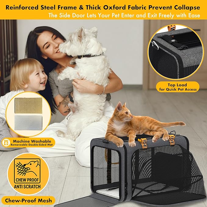 PAWZIDEA Expandable Pet Carrier Airline Approved, 18"×11"×11" Small Dog Carriers, Collapsible Top-Load Cat Carrier for 2 Cats Under Seat, Soft-Sided Puppy & Animal Travel Bag, ID Card, Up to 15lbs