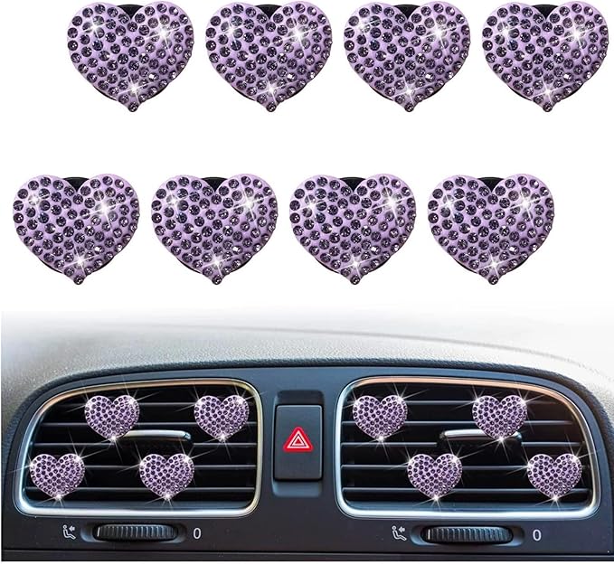 8Pcs Purple Bling Heart Air Vent Clips,Crystal Heart Cars Air Fresheners Vent Clips Cars Diffuser Rhinestone Diamond Decoration Car Interior Decor Cute Car Accessories for Women,Interior Accessories
