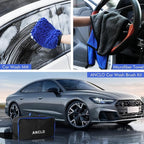 62'' Car Wash Brush with Long Handle, Scratch-Free Car Wash Mop Kit with Wheel Tire Brush, Wash Mitt Towel, Windshield Squeegee, Car Cleaning Brush Kit for Cars RV Truck Boat