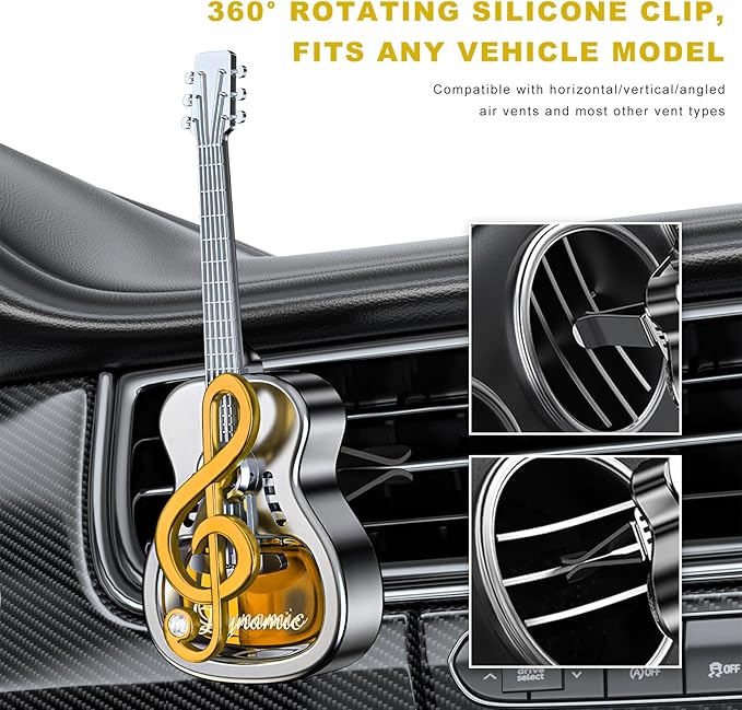 Car Air Freshener Vent Clip, Empty Guitar-Shaped Aromatherapy Diffuser Automobile Dashboard Ornament, Unscented Car Air Conditioner Clip Cute Rotating Decoration for Women Men (Golden)