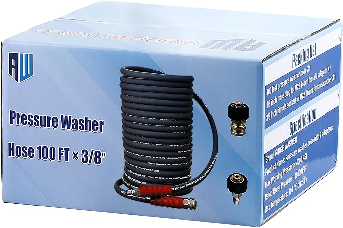 RIDGE WASHER Pressure Washer Hose 100 Feet X 3/8 Inch for Hot and Cold Water, Non Marking Gray Power Washer Hose, M22 14 mm to 3/8 Inch Quick Connect, 4000 PSI