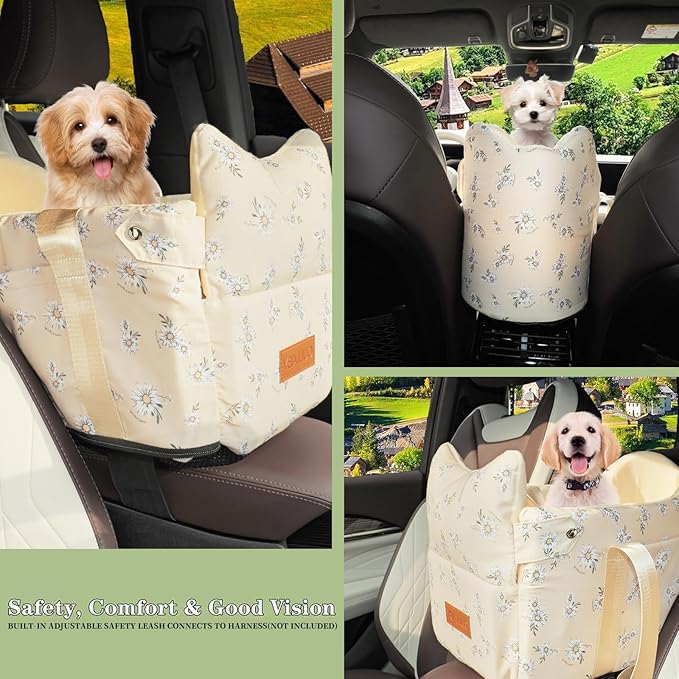 Cullaby Center Console Small Dog Car Seat Portable Puppy Booster Armrest Carseat, Anti-Collapse Comfort Car Travel with Washable Fluffy Cushion and Pillow (Yellow, Extar Small armrest lid)