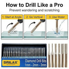 Drilax Diamond Drill Bits for Stone and Glass – 30 Pc Set (1mm, 2mm, 3mm) 1/8 Shank for Dremel & Rotary Tools – Jewelry Making, Gemstone, Sea Glass and Lapidary Drill Bits Kit