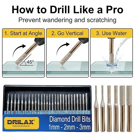 Drilax Diamond Drill Bits for Stone and Glass – 30 Pc Set (1mm, 2mm, 3mm) 1/8 Shank for Dremel & Rotary Tools – Jewelry Making, Gemstone, Sea Glass and Lapidary Drill Bits Kit