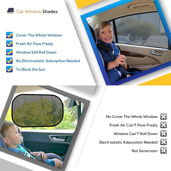 AUGOLA Car Window Shades, 2 Pack Breathable Mesh Side Sun Shades, Stretch Screens for Baby/Camping, Heat Block UV Protection, Back Window Covers for Car, Truck, SUV, Van (XL 63''x28'')