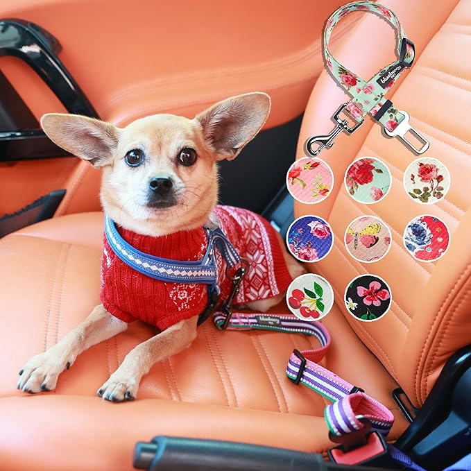 Blueberry Pet 8 Patterns Spring Scent Inspired Pink Rose Print Ivory Adjustable Dog Seat Belt Tether for Dogs Cats, Durable Safety Car Vehicle Seatbelts Leads Use with Harness