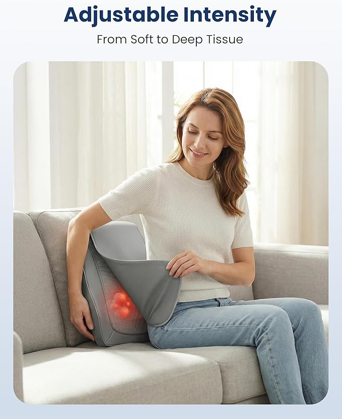 Lumbar Support Cushion with Kneading Massage, Heat & Vibration, Ergonomic Back Support Pillow for Office Chair, Seat & Sofa – Adjustable Comfort, Gray