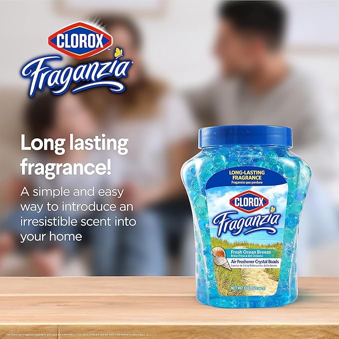 Clorox Fraganzia Crystal Beads Air Freshener, Long Lasting Room Deodorizer and Odor Eliminator Gel Beads to Freshen Home, Car, or Office, Fresh Ocean Breeze Scent, 12 Fl Oz - 12 Pack