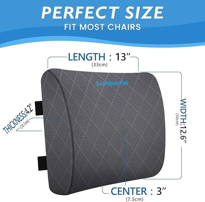 Lumbar Support Pillow for Office Chair Back Support Lumbar Pillow for Car, Gaming, Office Chair - Improve Sitting Posture & Back Pain Relief, Memory Foam, Adjustable Straps, Grey