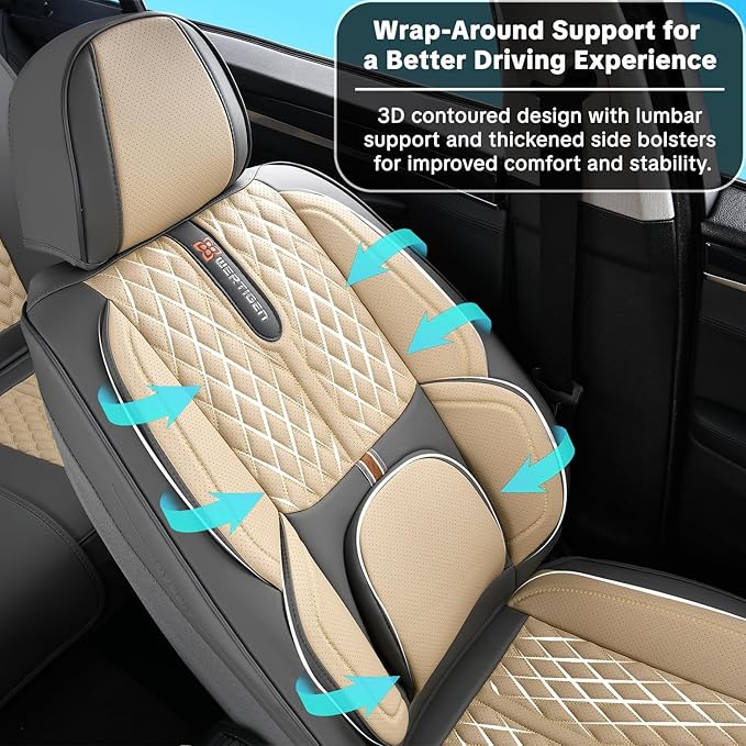 Car Seat Cover Set, Khaki Seat Covers, Automotive Interior Accessories, with Lumbar Support, Premium Nappa Leather, Protect and Upgrade Your Car Interior, Fits Suvs, Pickups, Sedans