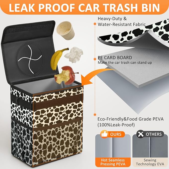 Car Trash Can for Car Cute,Bag Bin Hanging Waterproof Automotive Garbage Cans Leak Proof Vehicle Trash Can Cow Print
