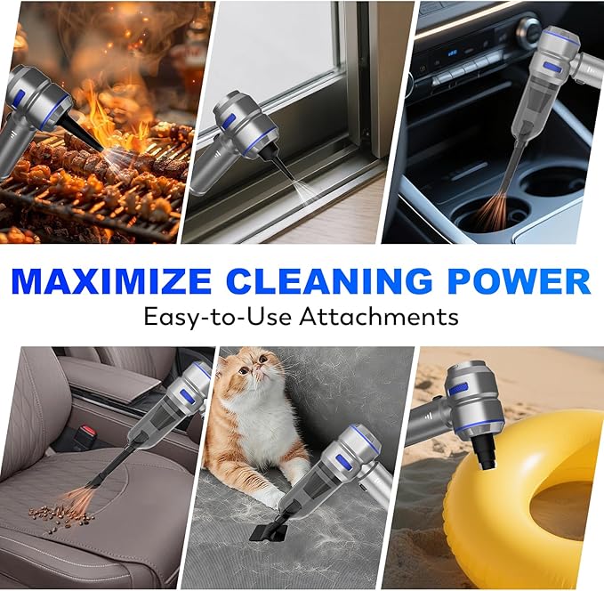Handheld Car Vacuum Cordless, 22000PA Strong Suction Mini Vacuum Cleaner with Brushless Motor, 4-in-1 Portable Vacuum for Car Detailing, Home, Office & Travel, Silver Blue