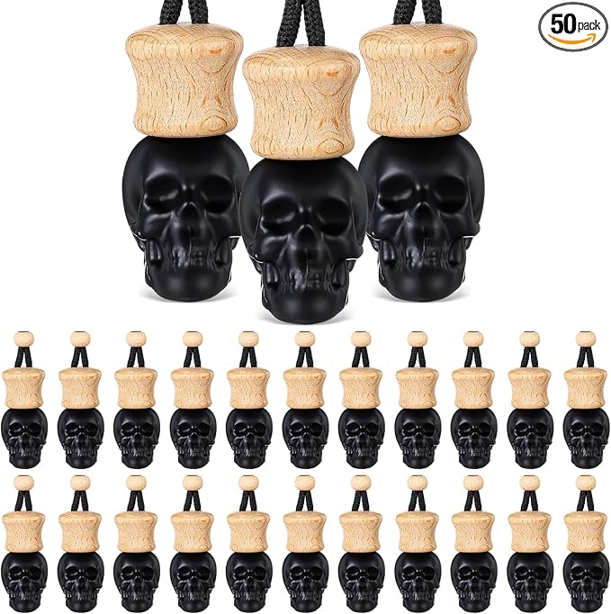 BBTO 50 Pcs Hanging Car Air Freshener Black Car Diffuser Bottles Empty Glass Perfume Bottle Freshener Diffuser Bottles Pendant for Essential Oil Fragrance Aromatherapy Ornament(Skull)