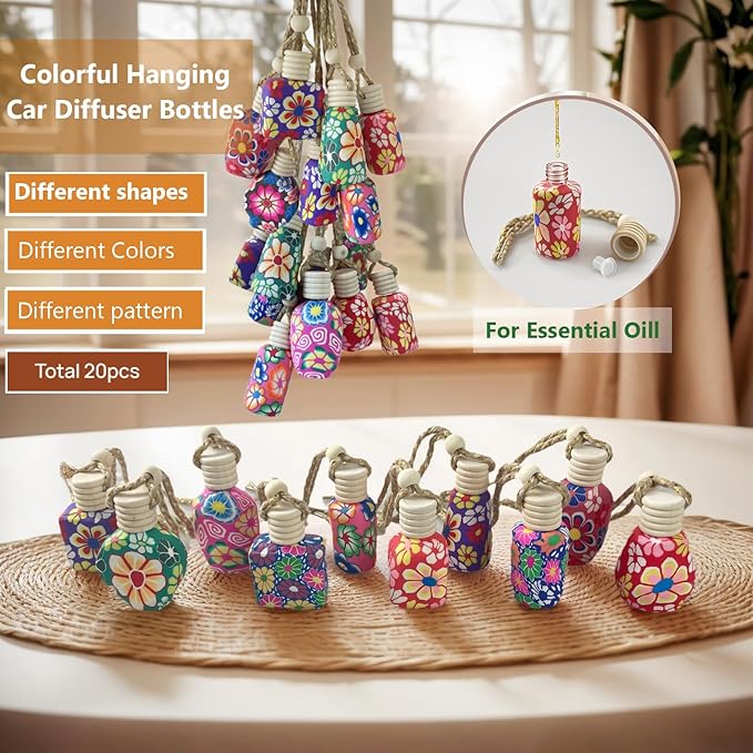 20Pcs 15ml Glass Car Diffuser Bottles Empty Bulk,Hanging Car Diffusers for Essential Oils,Refillable Car Air Freshener for Fragrance Perfume Aromatherapy with Flowers Women Home Decor,Color Random