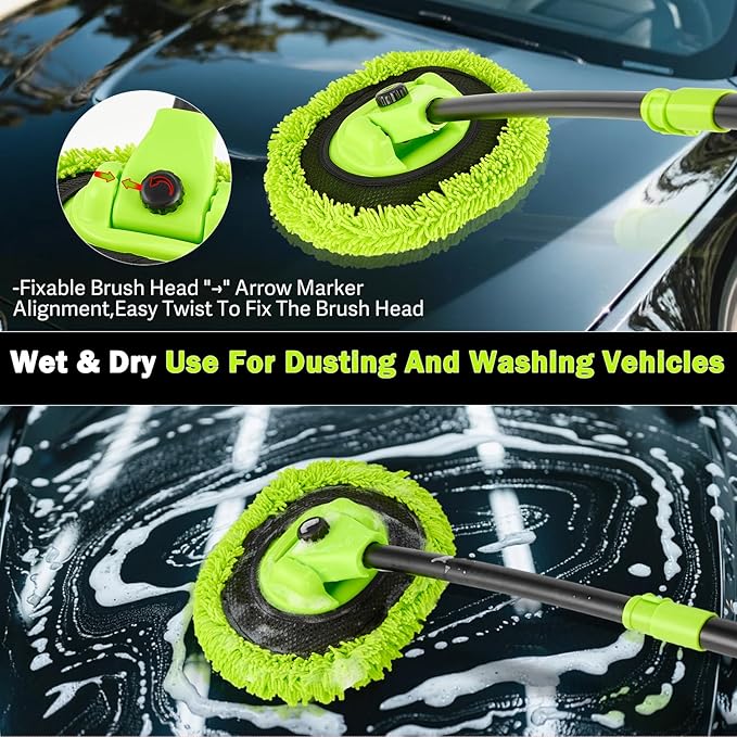 Car Wash Brush with Long Handle - 15° Curved Extendable Car Wash Mop,Soft Car Washing Brushes with Extra Microfiber Mop Head for Truck SUV Cleaning Not Hurt Paint Scratch Free