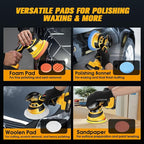 Cordless Car Buffer Polisher kit [2x 2000mAh 21V Batteries & 18 PCS Attachments] 6-Speed Orbital Design, LED Display, Lightweight Detailing Tool for Waxing, Polishing & Scratch Removal-Yellow