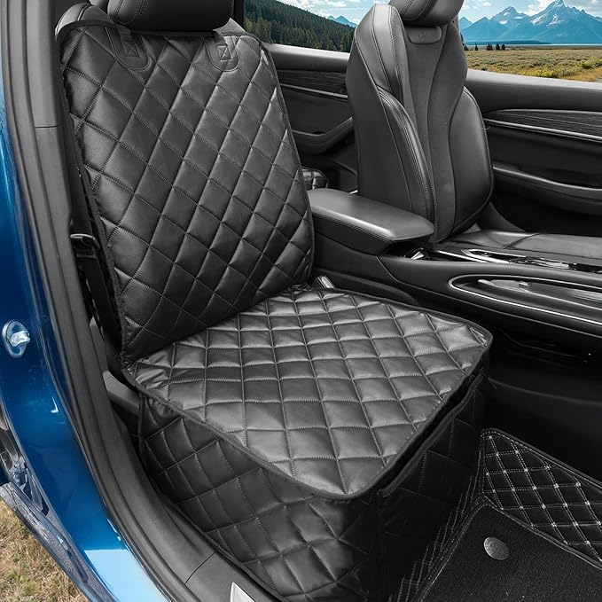 Car Seat Covers for Dogs–Waterproof PU Leather Car Front Seat Cover for Pets & Humans,Scratchproof Captain Seat Protector Fits Most Cars, Trucks, SUVs，Minivans(Black)
