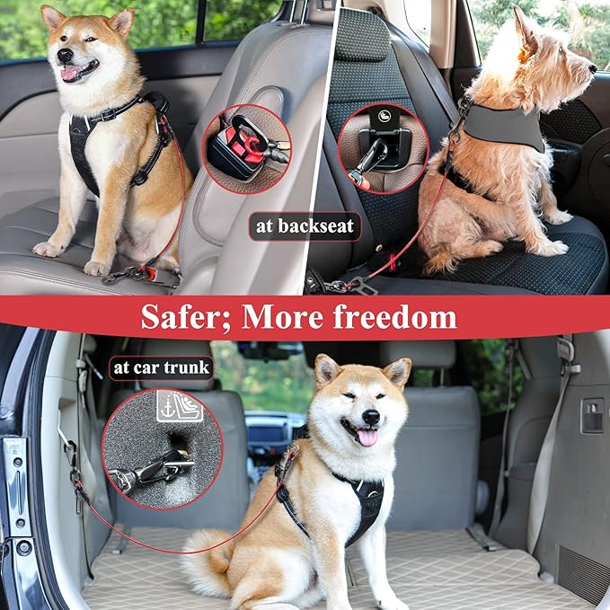 VIVAGLORY Dog Seat Belt Tuffbelt Dog Car Harness, Seatbelt with Clip & Hook for Car Travel, Chew Proof Anti Chew Unchewable Metal Safety Tether Restraint, XL, Red