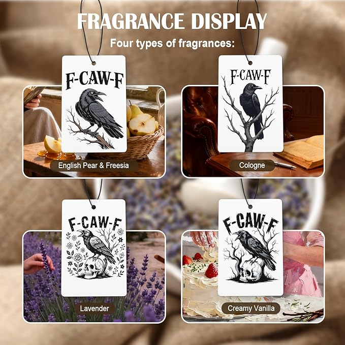 Funny Gothic Skull Black Crow Car Air Freshener 4 Pcs, Dark Humor Raven Hanging Air Freshener for Cars Closet Drawer Books, Witchy Goth Bird Floral Car Accessories for Women Men