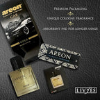 AREON Car Perfume Gold - Air Freshener in Glass Bottle - Luxury Odor Eliminator Spray with Absorber Hanging Pad - Unique Fragrance & Long-Lasting Aroma for Vehicle, Office, Home - Made in Europe, 50ml