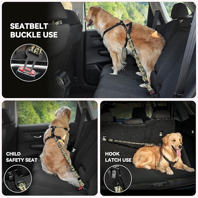 Pawaboo Dog Car Seat Belt– Reflective & Adjustable Dogs Cars Harness Leash with 360° Lockable Buckle, Shockproof Dogs Tether Bungee for Safe Travel, Army Green Camouflage
