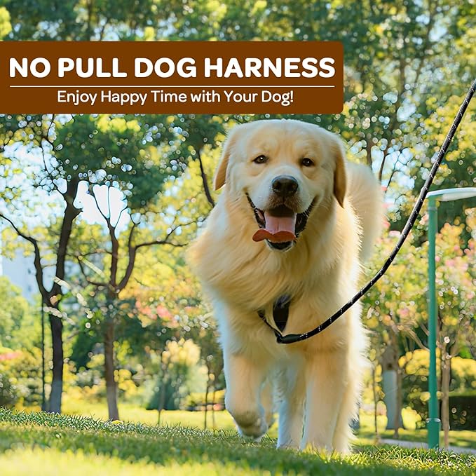 FURRYFECTION Plaid Dog Harness for Large Dogs, Reflective No Pull Adjustable Pet Vest with Front Clip, Leash, Easy Control Handle and Seat Belt, Beige&White, L