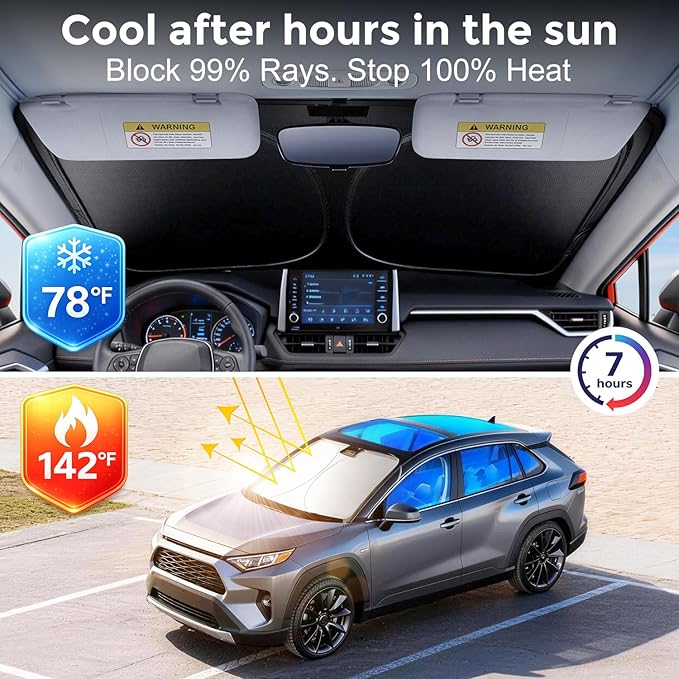[Upgrade] DooGooGoo Windshield Sun Shade - Medium, Sunshade for Car Windshield [Heat Shield & UV Block] Car Sun Shade Protect Interior & Keep Car Cooler Foldable Front Windshield Shade (64x32 Inches)