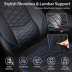 CAR PASS Luxury Nappa Leather Seat Covers Full Set, Water Resistant Faux Leather Seat Cover with Lumbar Support, Breathable Automotive Seat Covers Universal Fit for Sedan SUV Van Truck, Black Blue