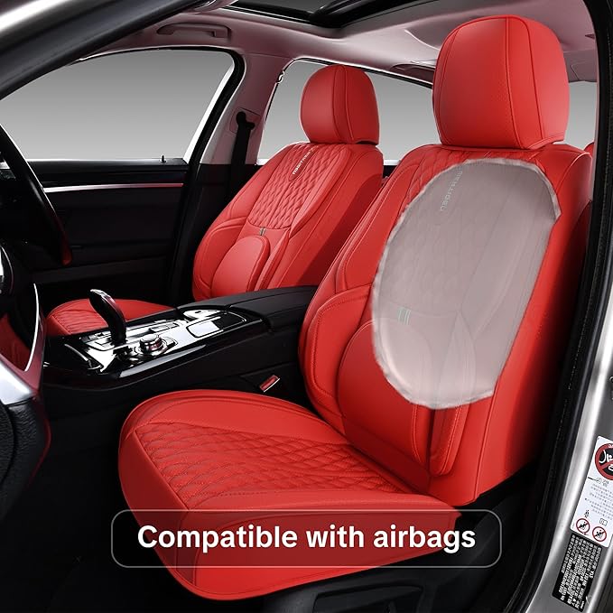 Car Seat Cover Set, Red Seat Covers, Automotive Interior Accessories, with Lumbar Support, Premium Nappa Leather, Waterproof, Protects and Upgrades Your Car Interior, Fits Most Vehicles