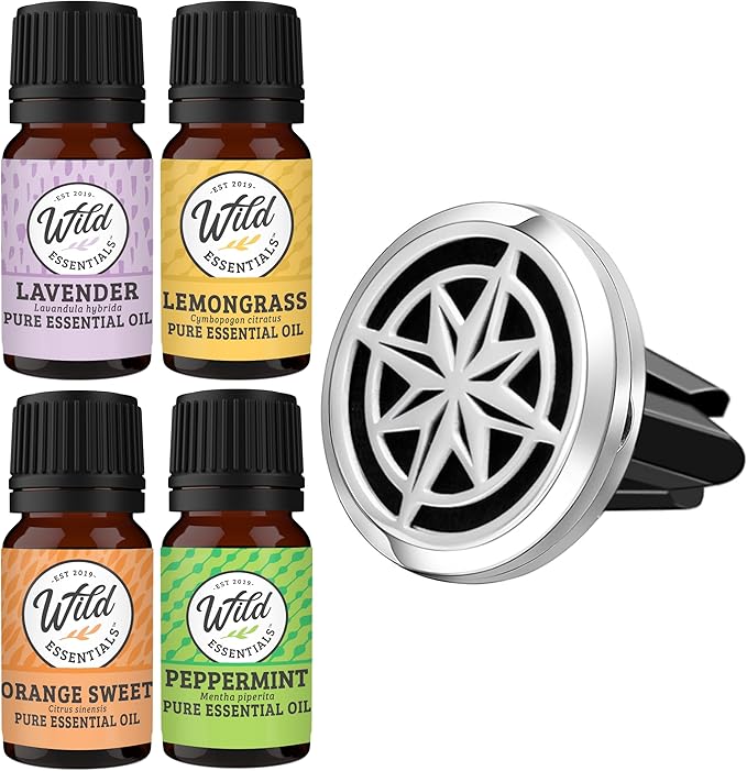 Wild Essentials Nautical Star Essential Oil Car Vent Diffuser Kit with Lavender, Lemongrass, Peppermint, Orange Oils, Stainless Steel Locket Pendant, 8 Refill Pads, Customizable Color Changing Air