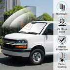 Windshield Sun Shade Compatible with 1996-2024 2025 2026 Chevrolet Express Cargo Van 1500, 3500, 4500, LS, LT Winter Accessories Foldable Sun Visor Protector Keeps Cool