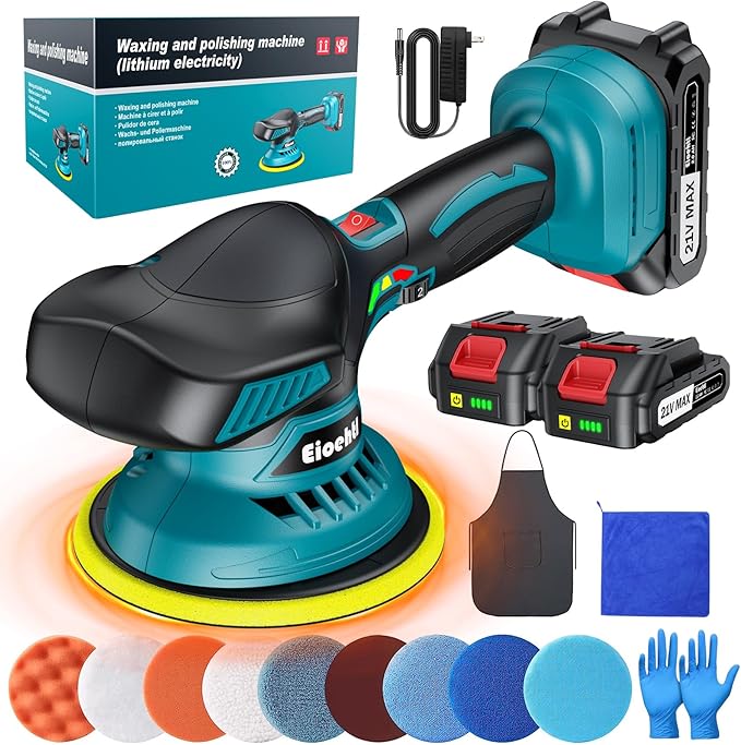 Cordless Car Buffer Polisher Kit, 6" Dual Action Random Orbital Polisher, 6 Variable Speed (1600–5500 RPM) 2×21V 2000mAh Rechargeable Batteries, 13 PCS Polishing & Waxing Attachments for Car Detailing