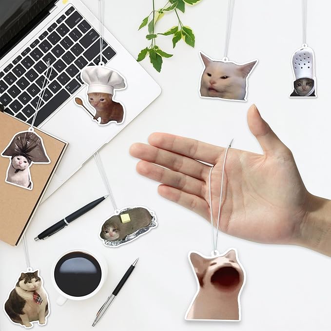 Funny Meme Cat Car Air Freshener - 16Pcs Cute Cat Freshener Hanging Ornaments for Women Men, Double Sided Printing Long-Lasting Scent Fragrant Pendant Gift for Car Accessories Decoration Home