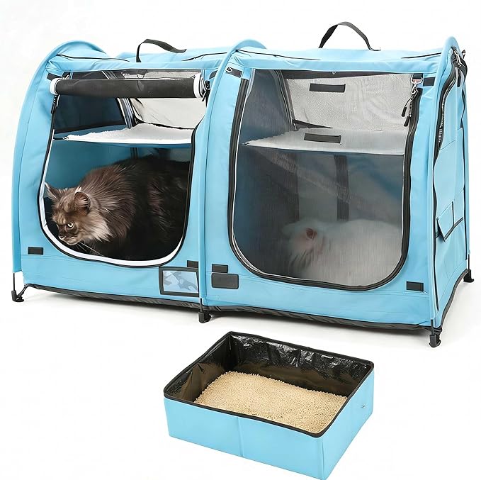 Mispace Portable Twin Compartment Show House Cat Cage/Condo - Easy to Fold & Carry Kennel - Comfy Puppy Home & Dog Travel Crate with Portable Carry Bag/Two Hammocks/Mats and Collapsible Litter Box