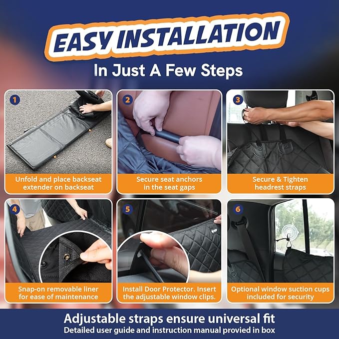 Panther Armor Hard Bottom Backseat Extender for Dogs, Dog Car Seat Cover with 2 Door Protectors, Foldable 8-Panel Dog Hammock, Waterproof Bench Seat Protector, Washable Topper